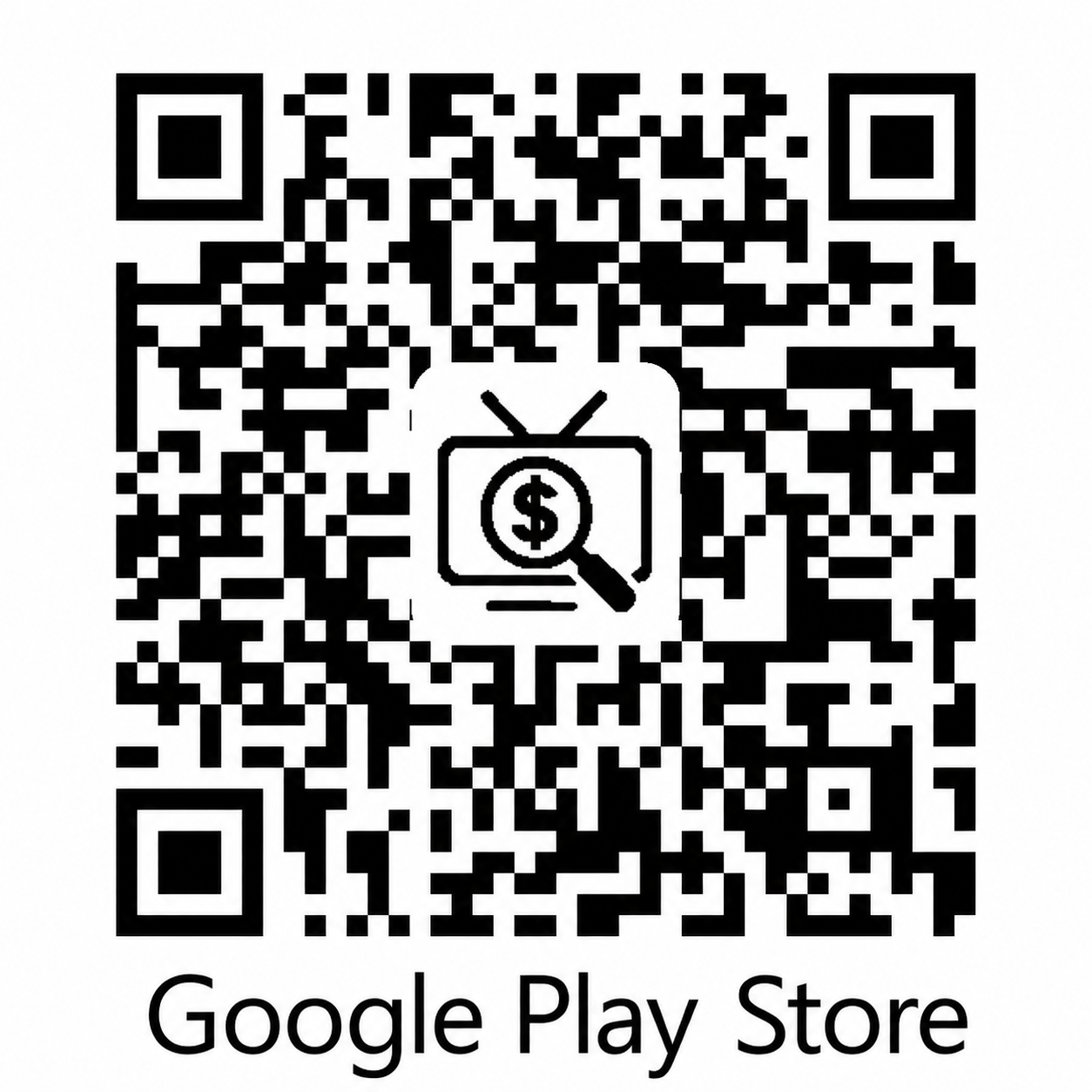 QR code with a money and magnifying glass icon in the center, labeled for Google Play Store