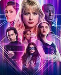 Group of six characters with neon-lit city background, featuring a blonde girl in the center, all in a sci-fi style.