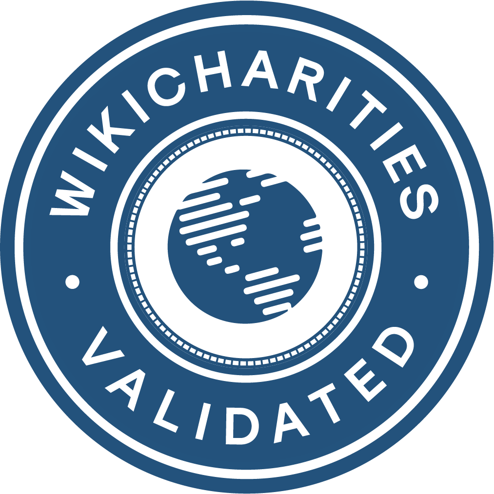 Blue circular badge with white text that reads 'WIKICHARITIES VALIATED' and a globe icon in the center.