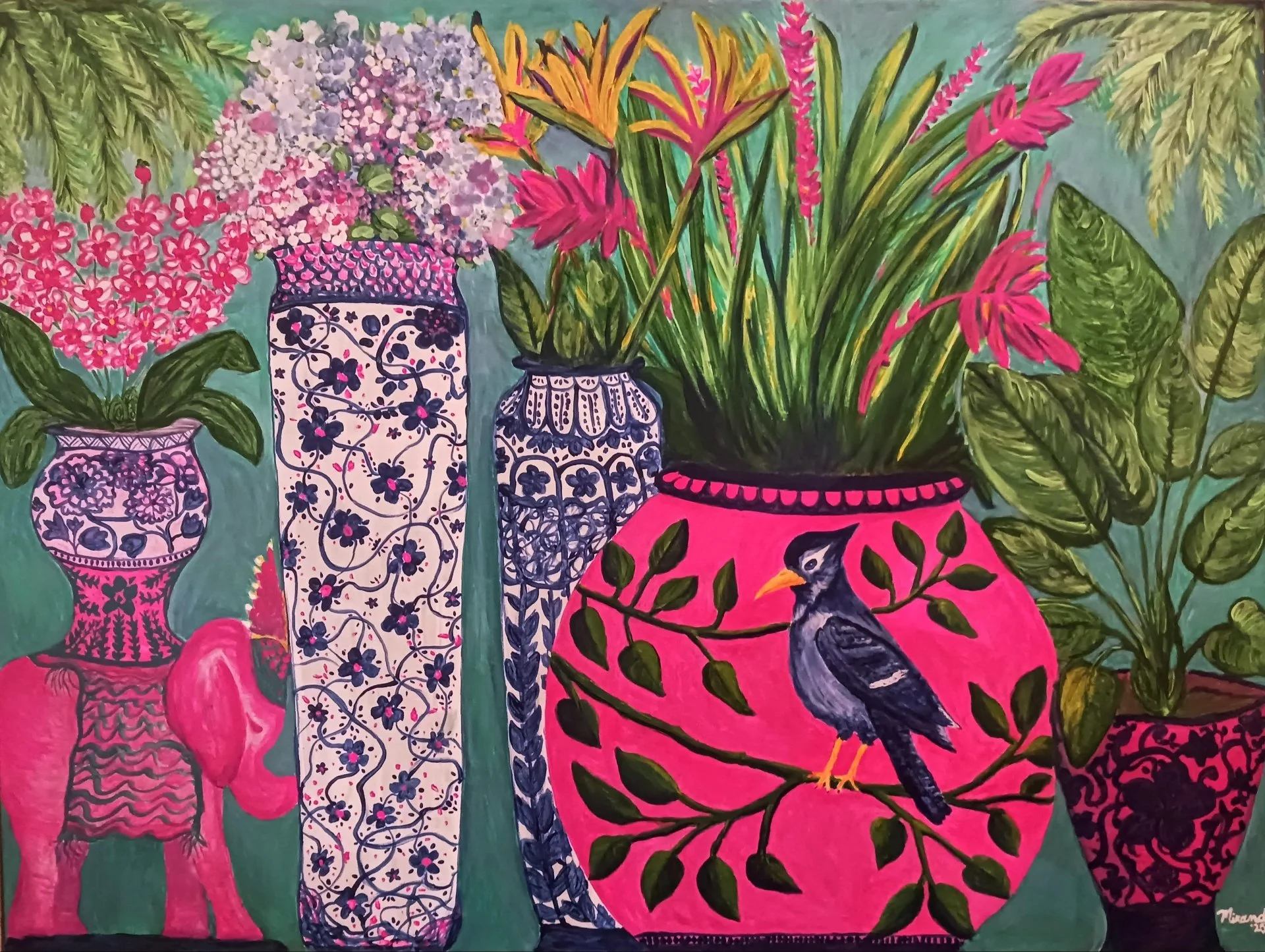 A colorful painting of several vases with flowers and a bird. The vases are decorated with patterns in navy, pink, and white. The flowers include pink, purple, yellow, and green leaves. One vase contains a black bird perched on a branch.