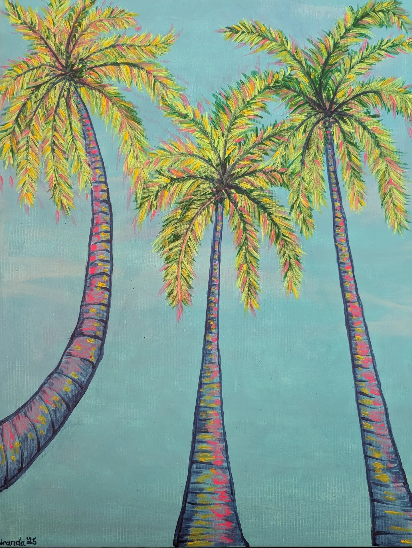 A painting of three colorful palm trees with green, yellow, and pink leaves against a light blue sky background.
