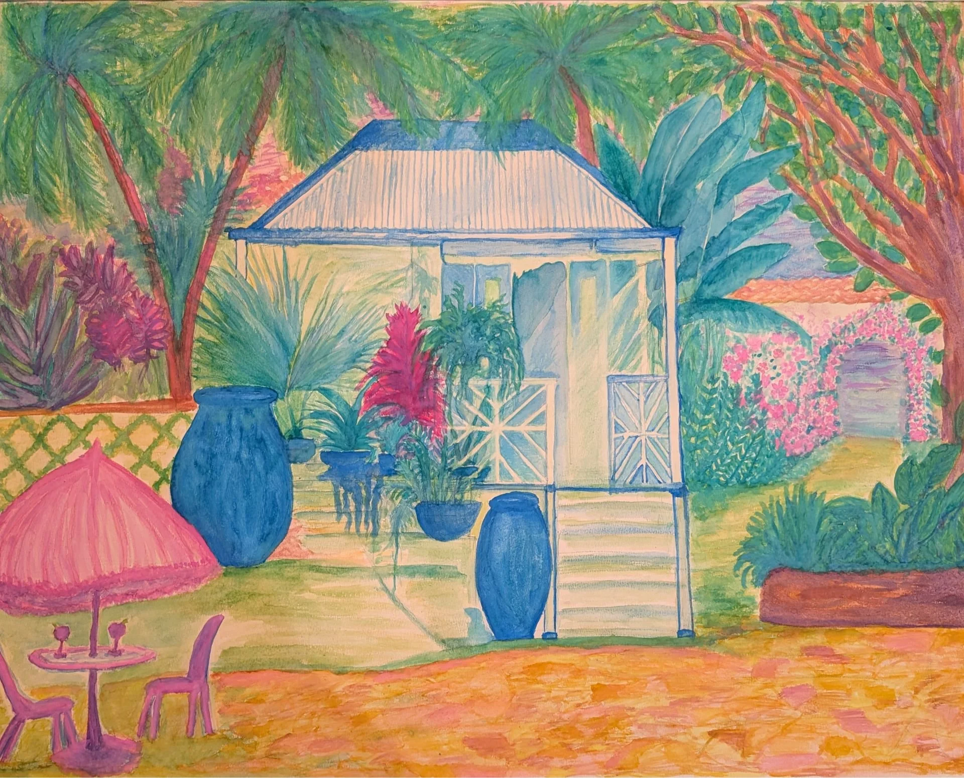 Colorful painting of a garden scene with a white porch house in the center, surrounded by lush trees and plants, large blue vases, pink parasol, and a small pink table with chairs.