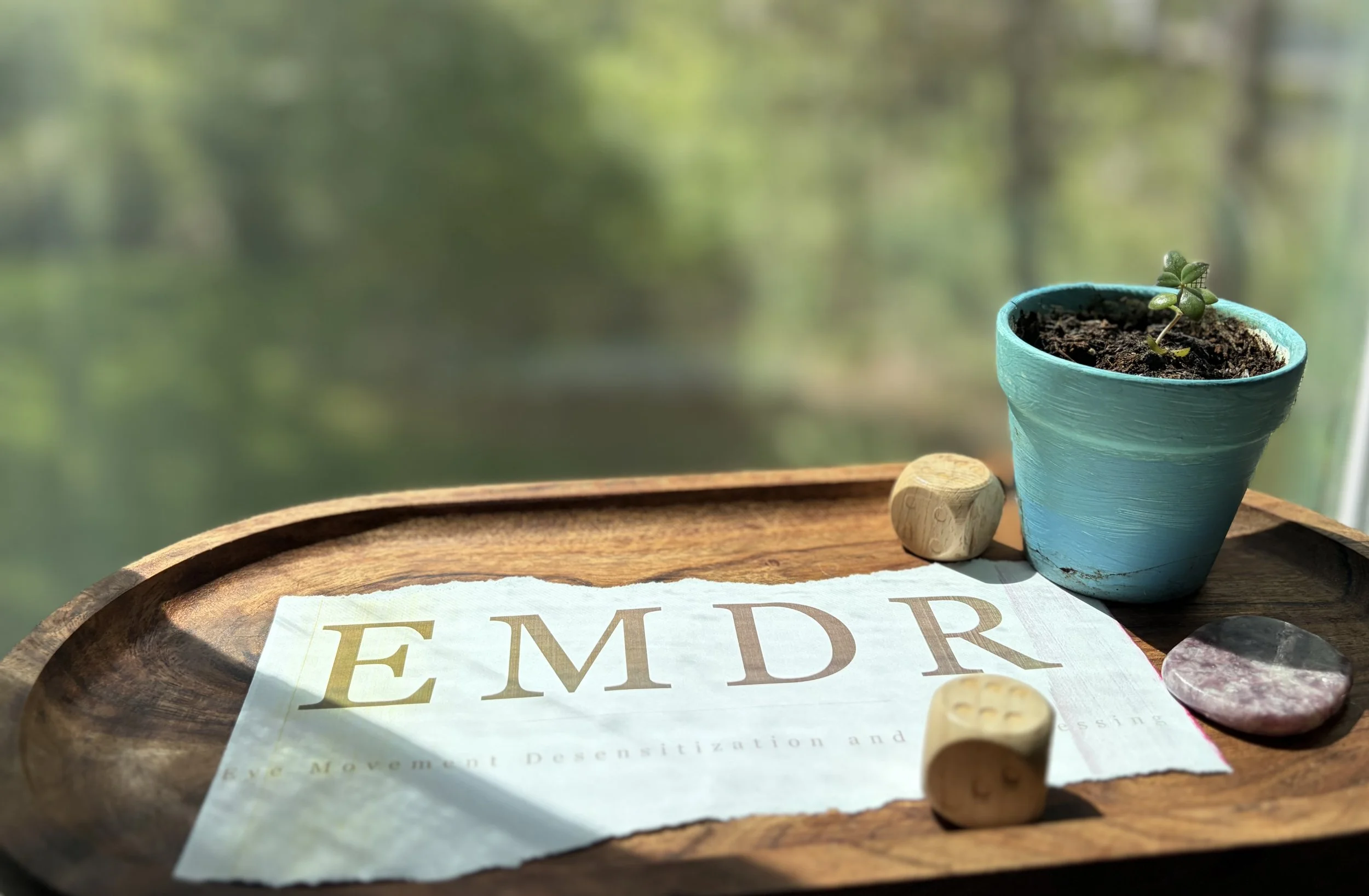 Printed EMDR page on a wooden tray with plant, stone, wooden dice, and natural light from a window