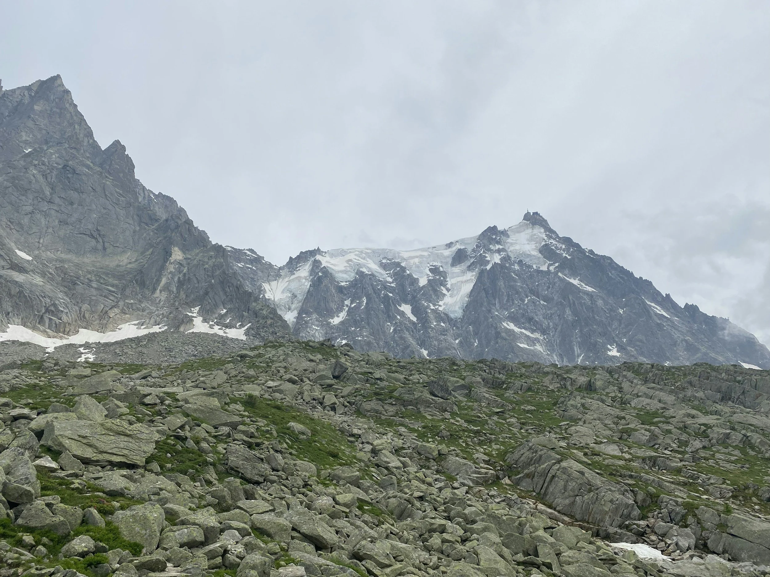 Mountain landscape with rocky terrain, green patches, snow-capped peaks, and an overcast sky.