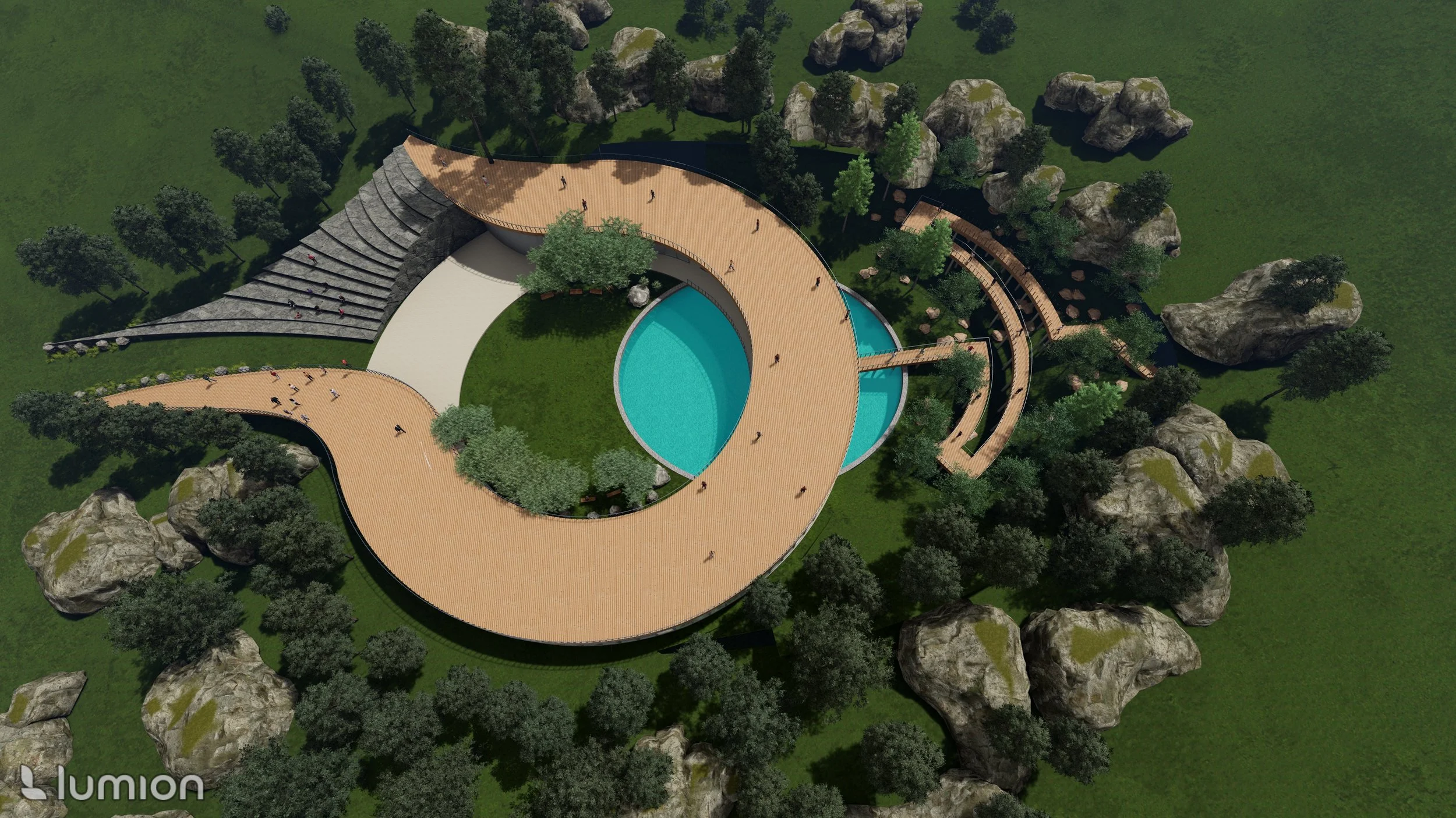 A modern, circular outdoor recreational space with a wooden deck, pools, landscaped greenery, and large rocks surrounding it.