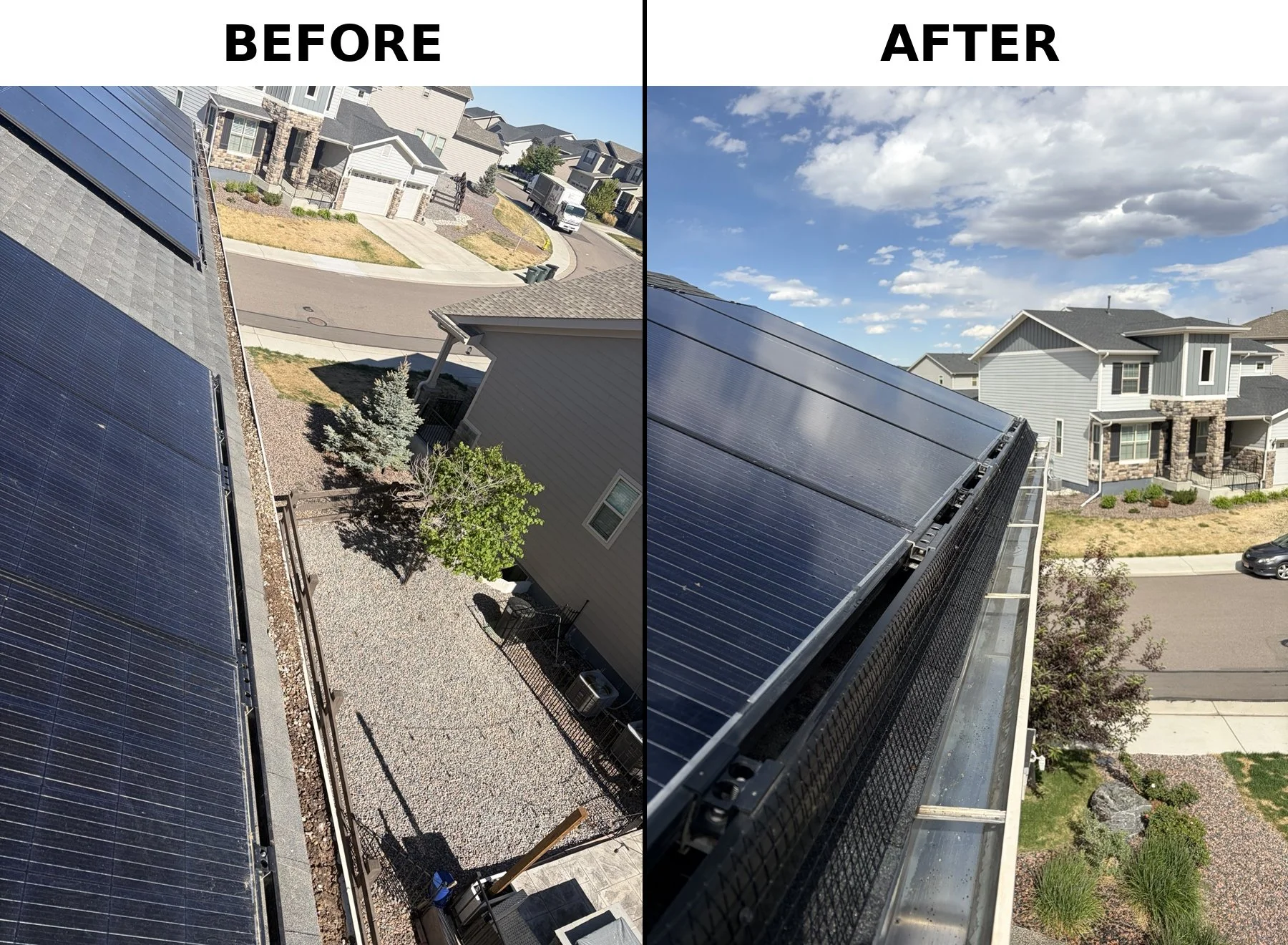 Side-by-side comparison of a residential neighborhood showing solar panels on the roof before and after cleaning. The "before" side shows dirty, streaked solar panels, while the "after" side shows clean, shiny panels under a partly cloudy sky.