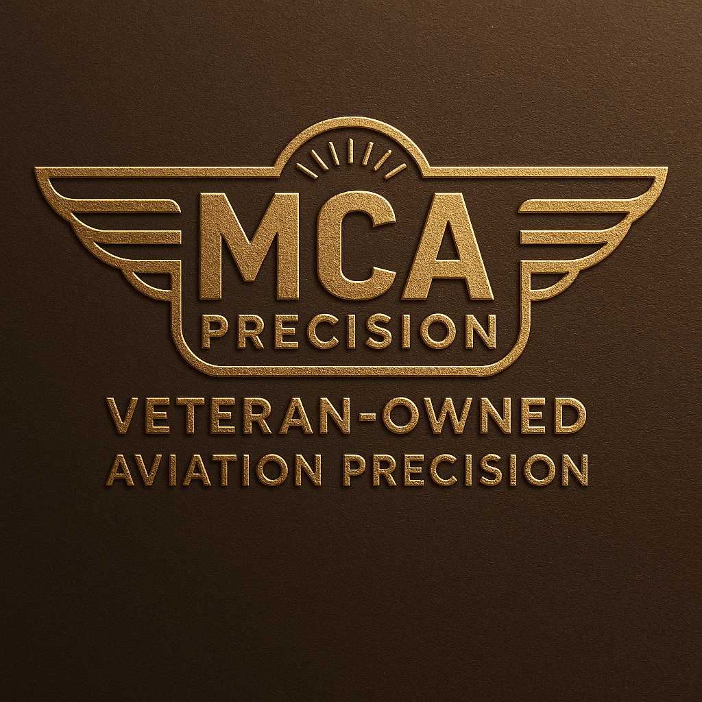 Gold emblem with the text 'YMCA Precision' and 'Veteran-Owned Aviation Precision' on a dark brown background.