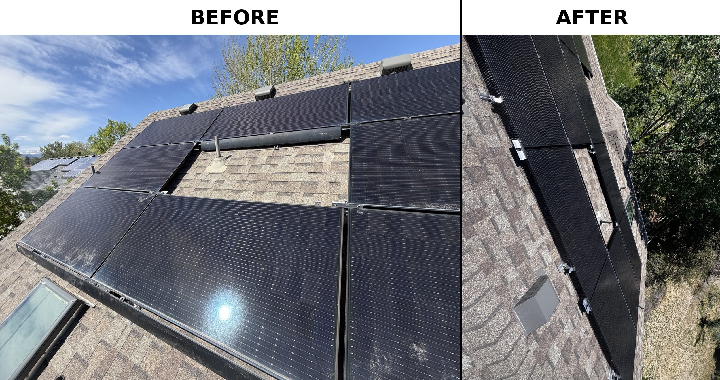 Before and after images of solar panel installation on a house roof, showing the removal of old panels and installation of new, more efficient solar panels.