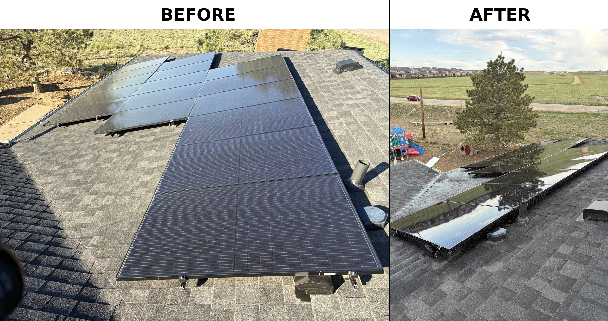 A side-by-side comparison of a rooftop before and after installing solar panels. The 'Before' side shows several solar panels installed on a gray shingled roof, while the 'After' side shows the same roof with a reflective coating applied over the solar panels, making them appear mirror-like.