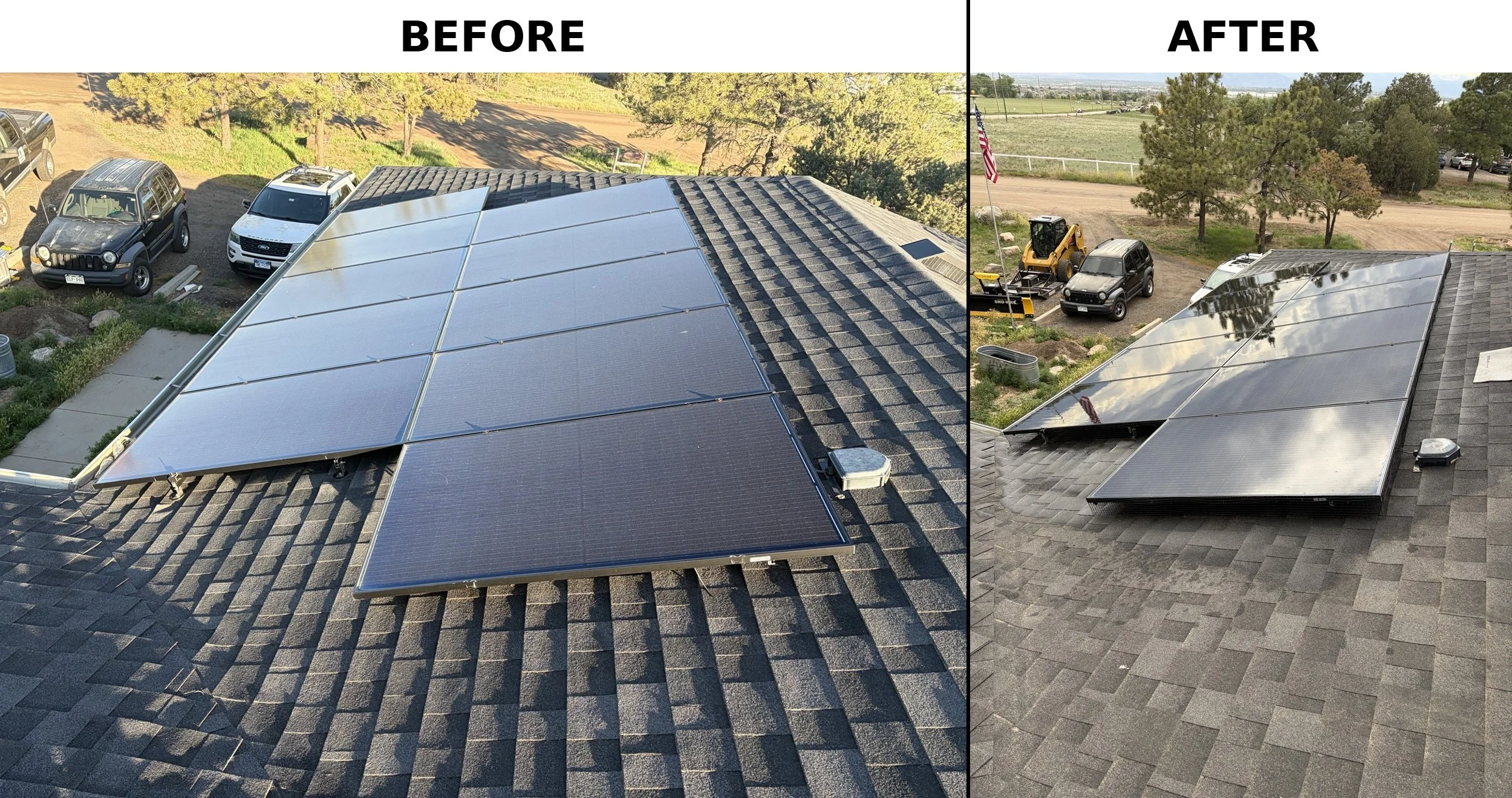 Comparison of a roof with solar panels before and after cleaning, showing cleaner solar panels and shinier surface in the after image.