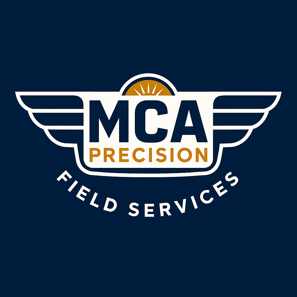 Logo for MCA Precision Field Services featuring wings, a sunburst, with the company name in bold text.