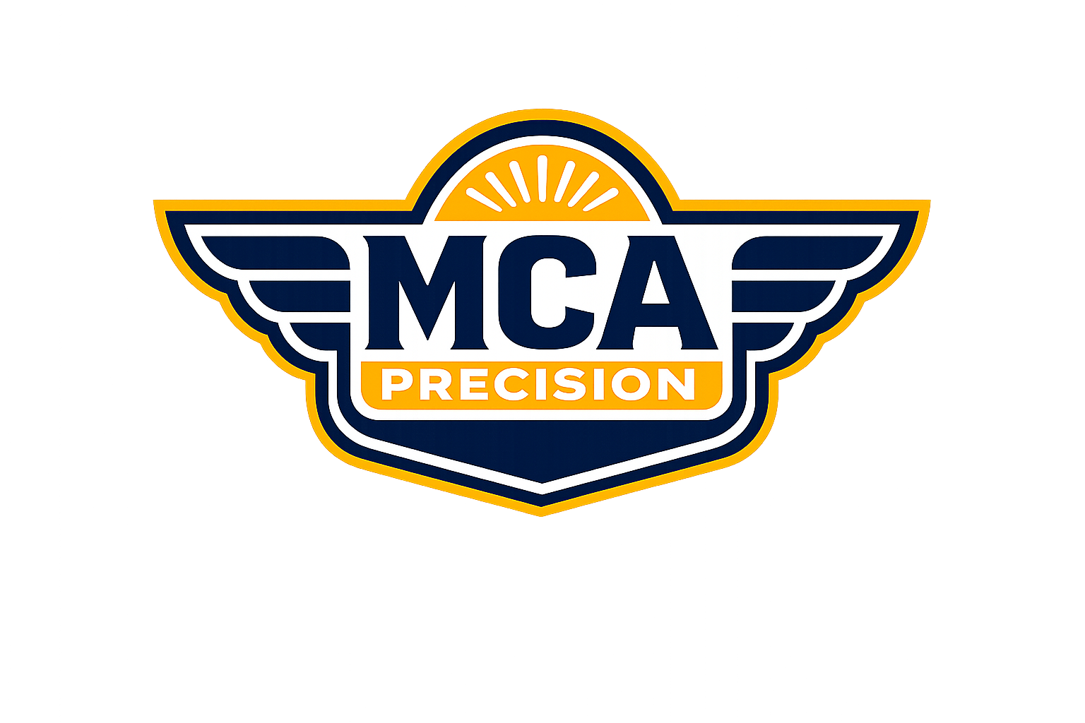 Illuminated sign with a shield shape, wings on both sides, and a sunrise at the top. Inside the shield, the text reads "MCA" in large letters and "PRECISION" in smaller letters below.