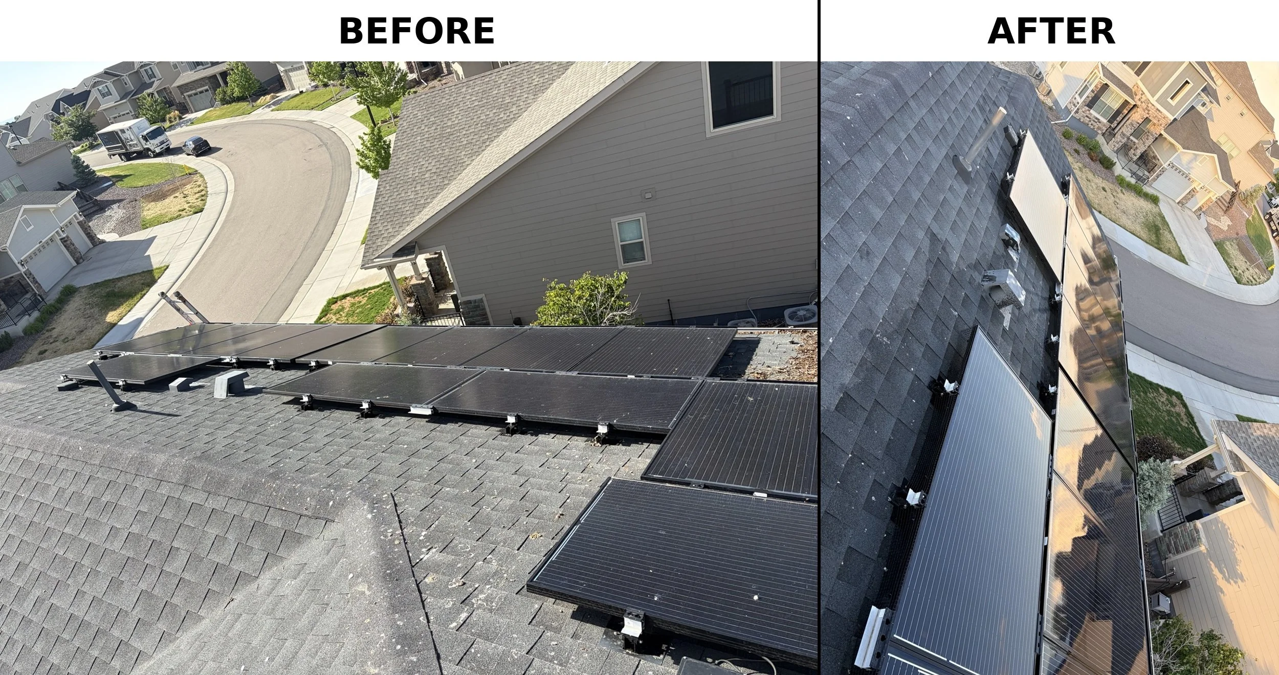 Comparison of a rooftop before and after solar panel installation; the left shows the roof before, with no panels, and the right shows the roof after, with solar panels installed.