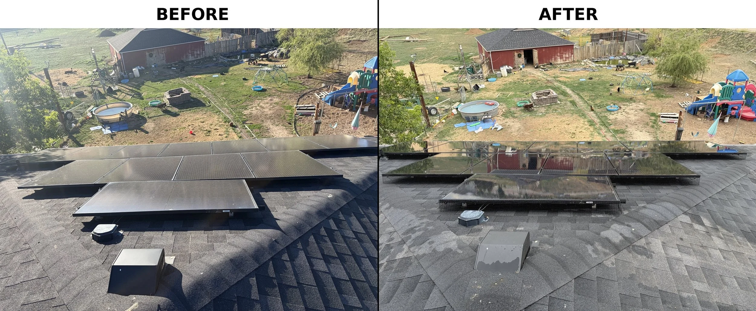 Comparison photo showing a backyard before and after solar panel installation on a shingled roof. The backyard contains a playset, a sandbox, a small pool, and various toys and equipment. The solar panels are installed on the roof in the after image.