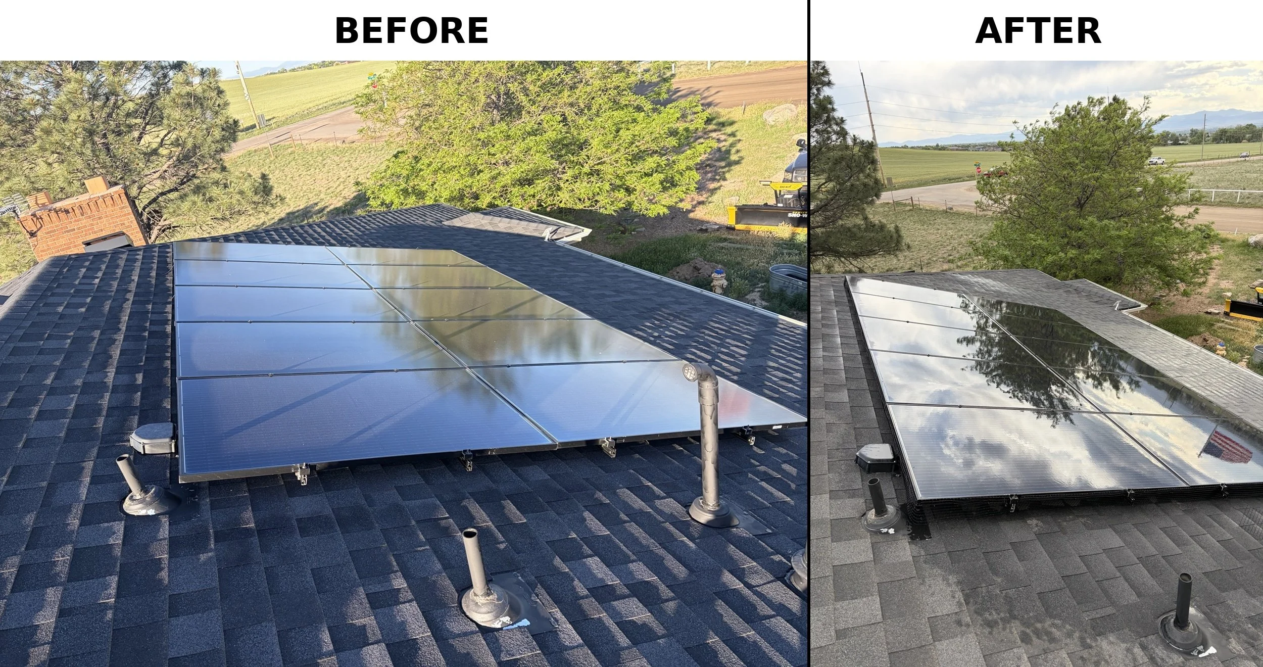 Side-by-side comparison of a roof with solar panels before and after cleaning. The 'Before' side shows dusty, dull panels, while the 'After' side shows clean, reflective panels.