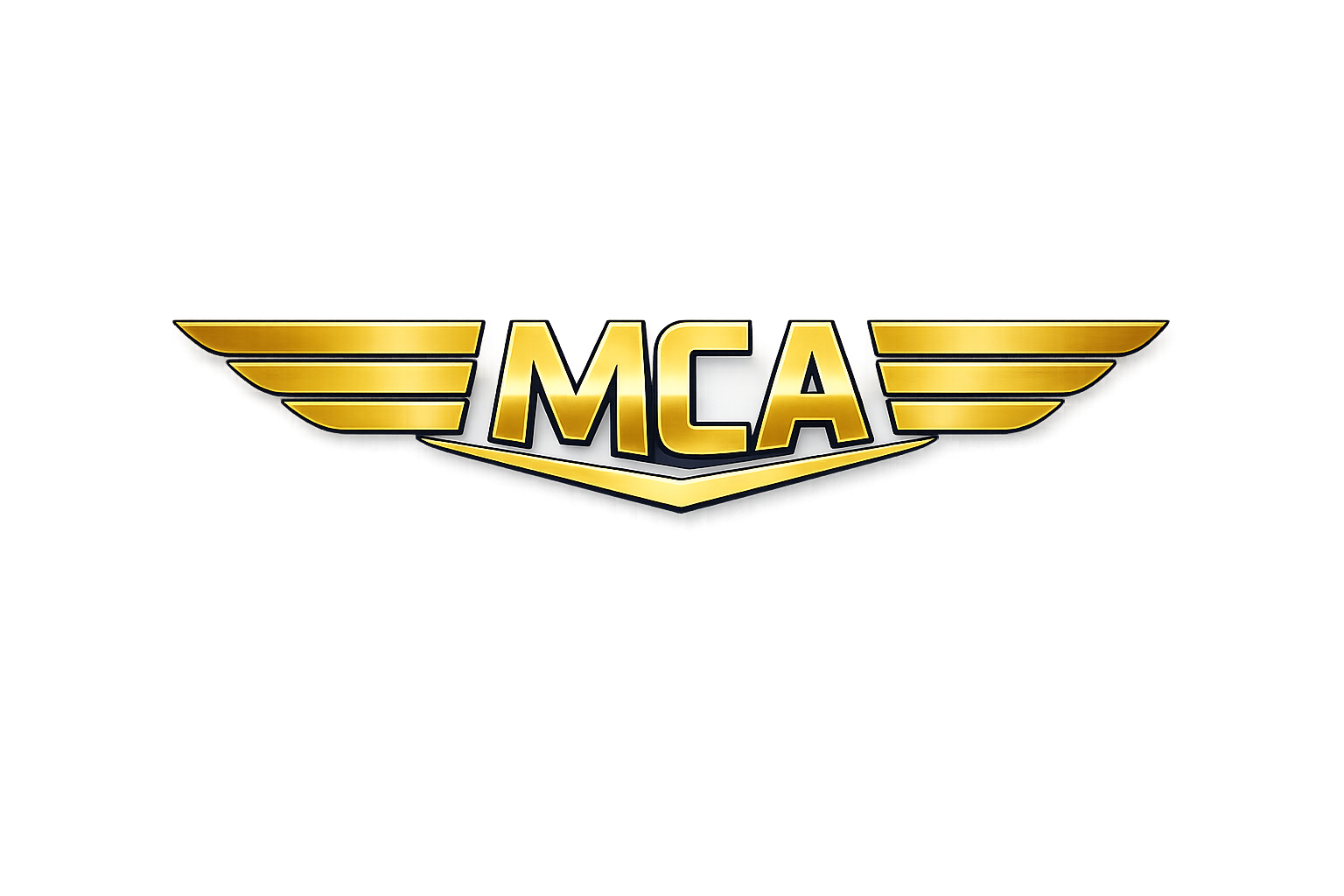 A logo for MCA with gold letters and wings in a futuristic style