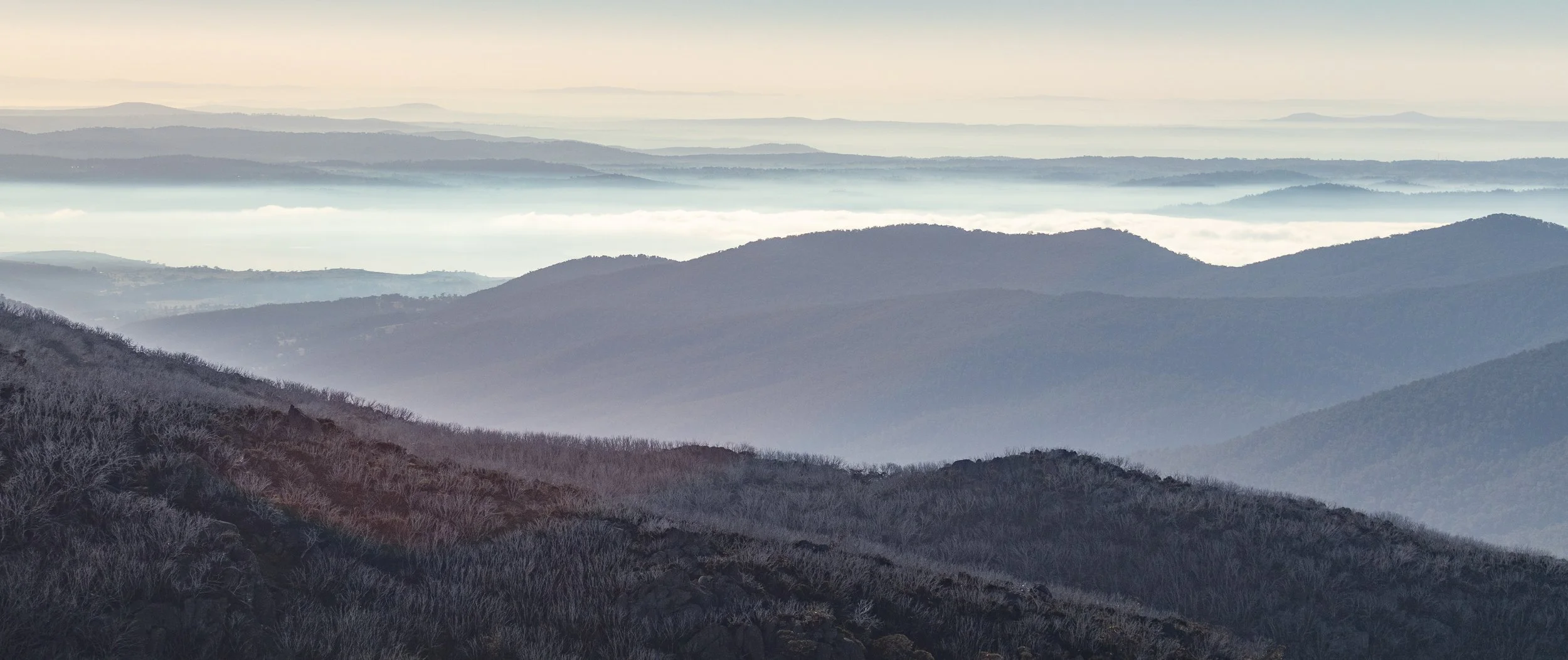 A view of rolling mountains with bare trees and misty valleys under a cloudy sky.