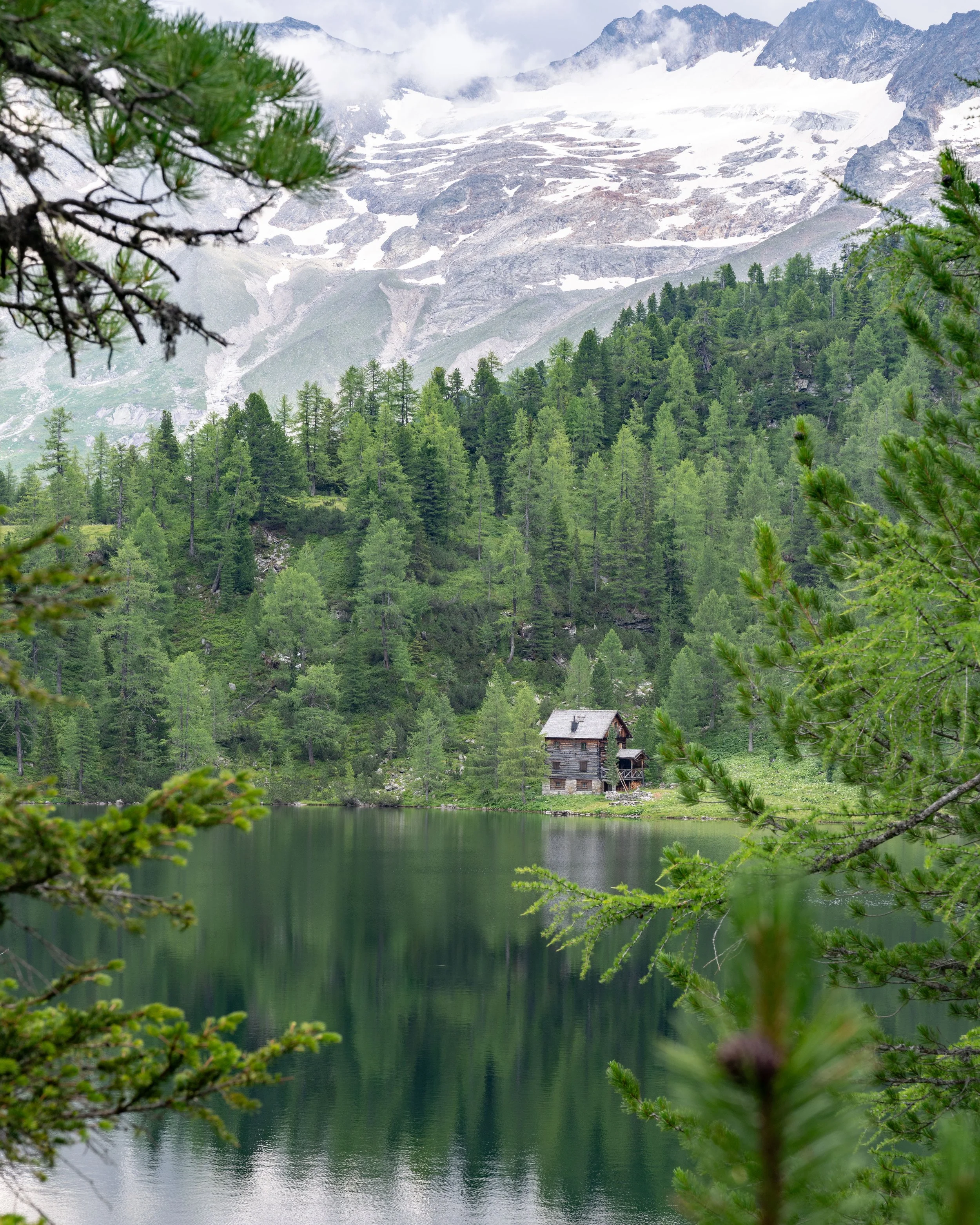 A mountain lake surrounded by dense green pine trees with a rustic wooden cabin near the shore, snow-capped mountains in the background, and overcast sky.