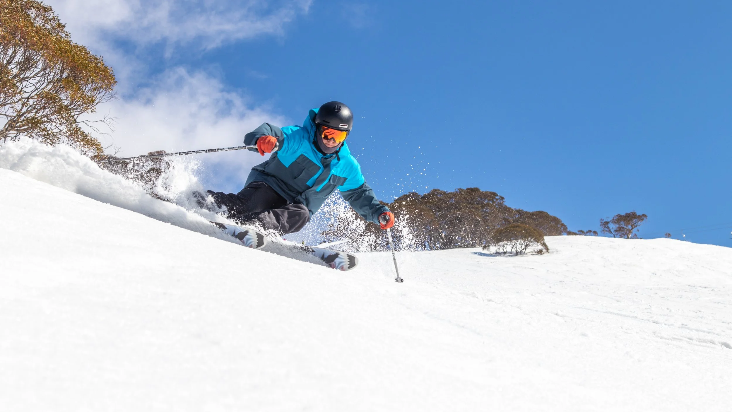 Skier in a blue jacket and black helmet skiing downhill on snow with clear blue sky and trees in the background.