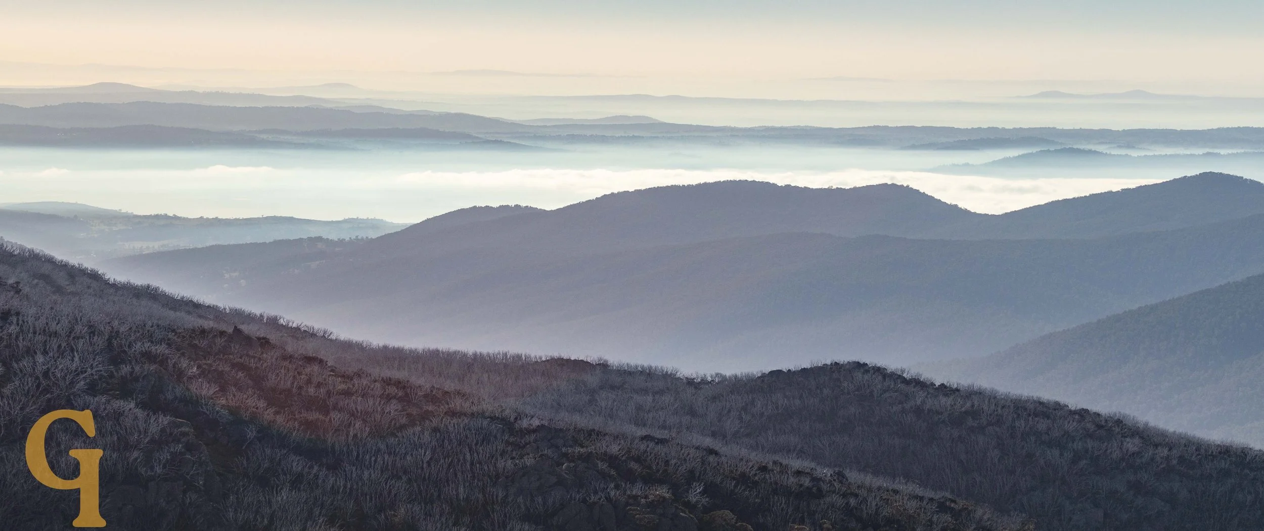 A view of rolling mountains with bare trees and misty valleys under a cloudy sky.
