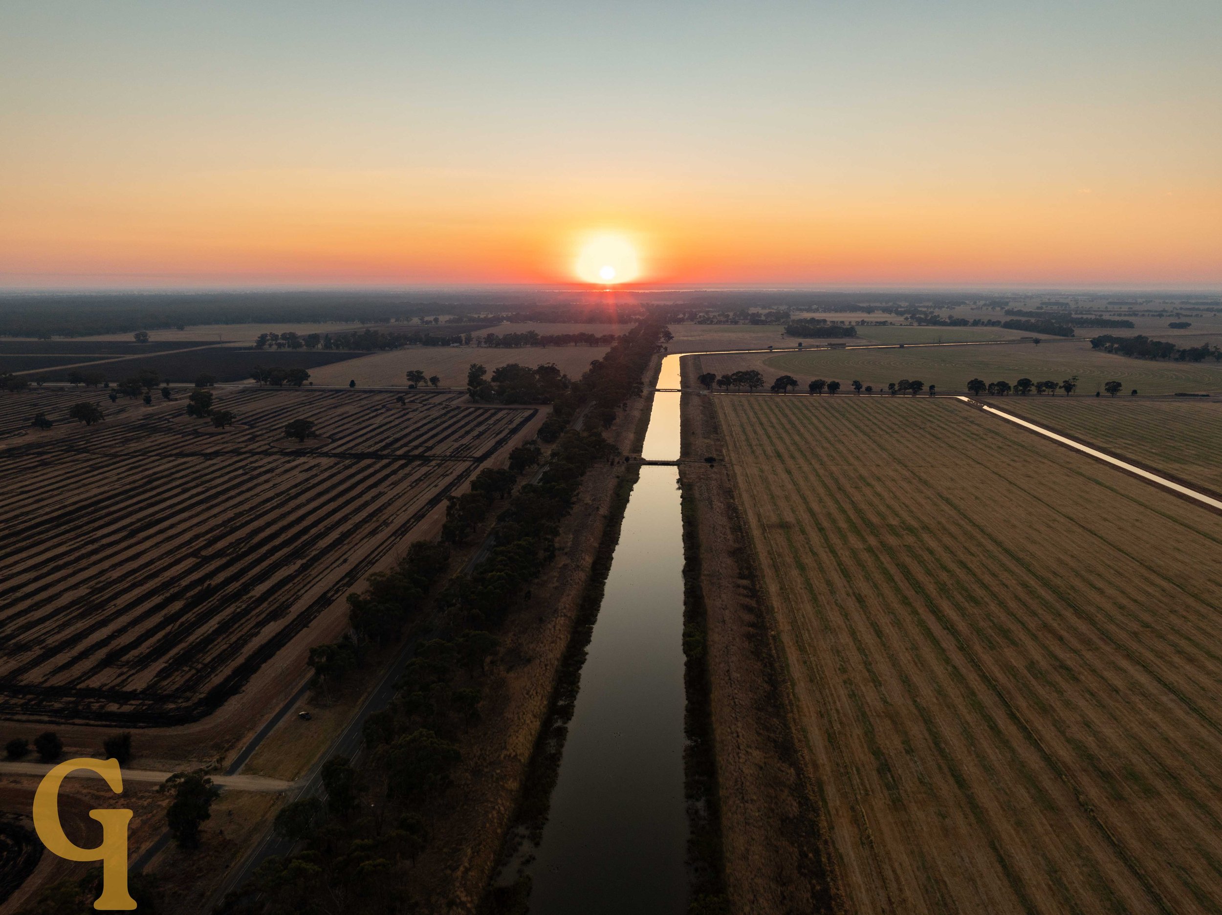 Aerial view of farmland at sunset with irrigation canals running through fields, a road lined with trees, and horizon with a rising sun.