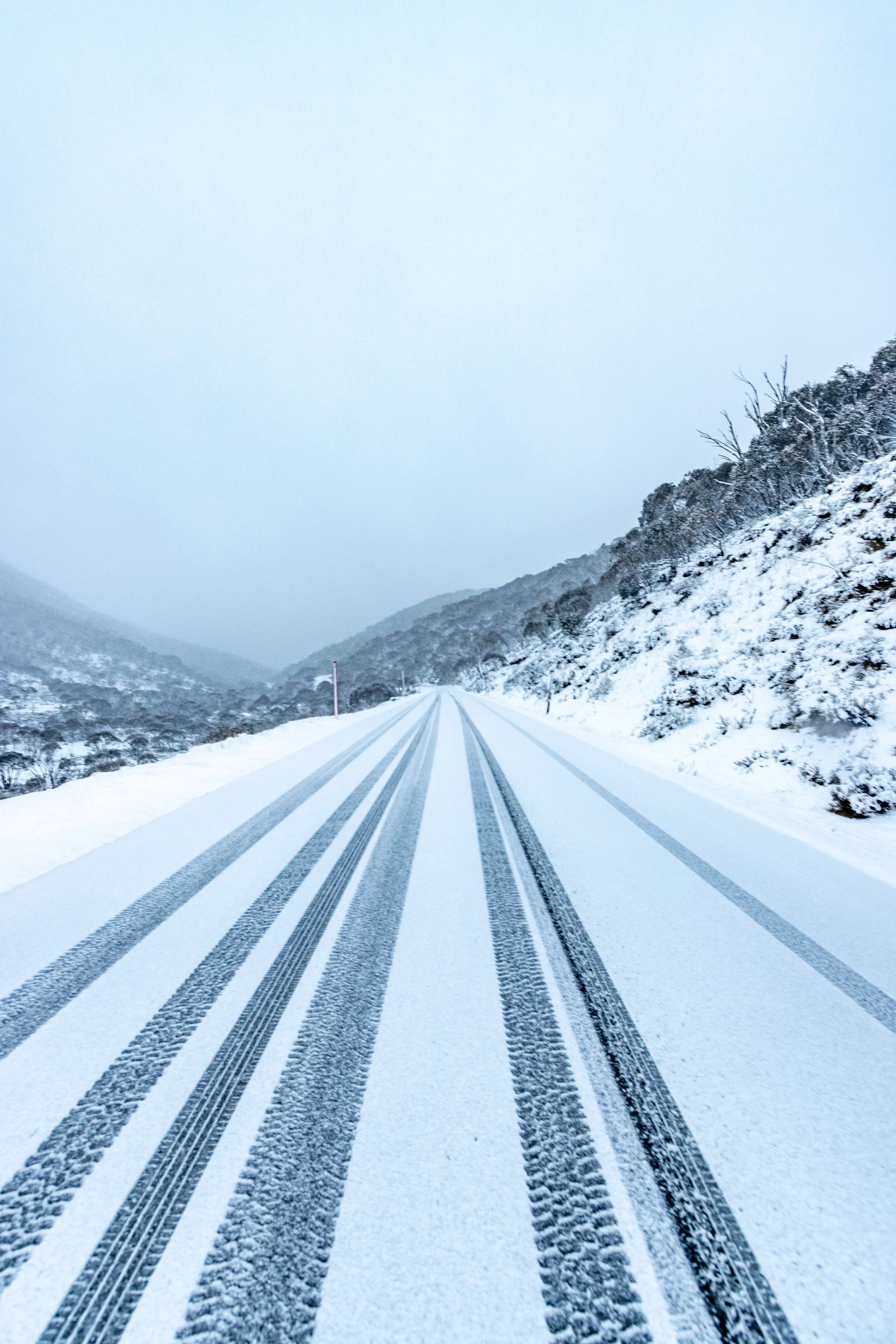 Snow-covered road in a mountainous area with tire tracks, flanked by snow-covered trees and hills under a cloudy sky.