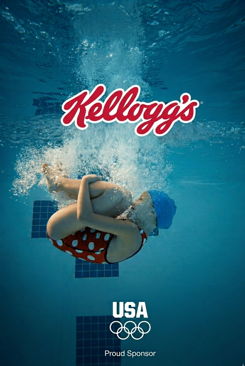 A young swimmer in a red polka-dot swimsuit and blue swim cap underwater, hugging a white basketball against a swimming pool background. The Kellogg's logo is at the top, and USA Olympic logo with text "Proud Sponsor" is at the bottom.