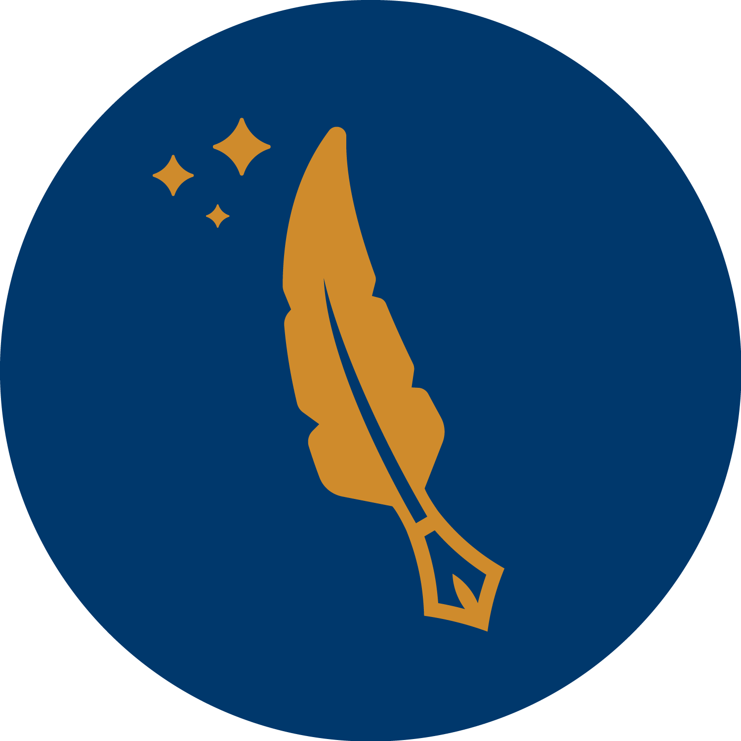 A circular logo with a blue background, featuring a gold quill pen and three gold stars.