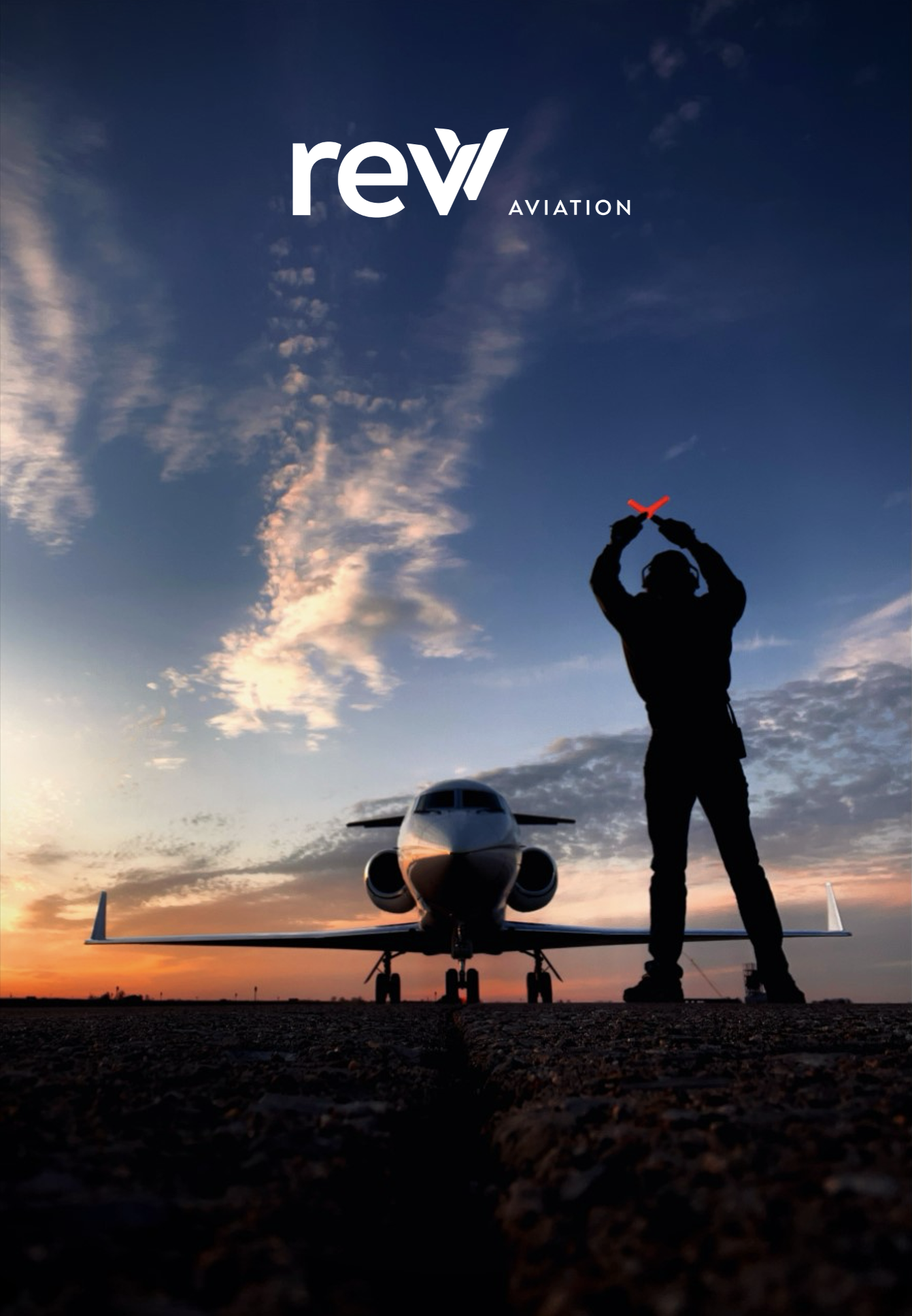 Silhouette of a person standing in front of a commercial airplane at sunset, holding a red X sign above their head, with blue sky and clouds in the background.