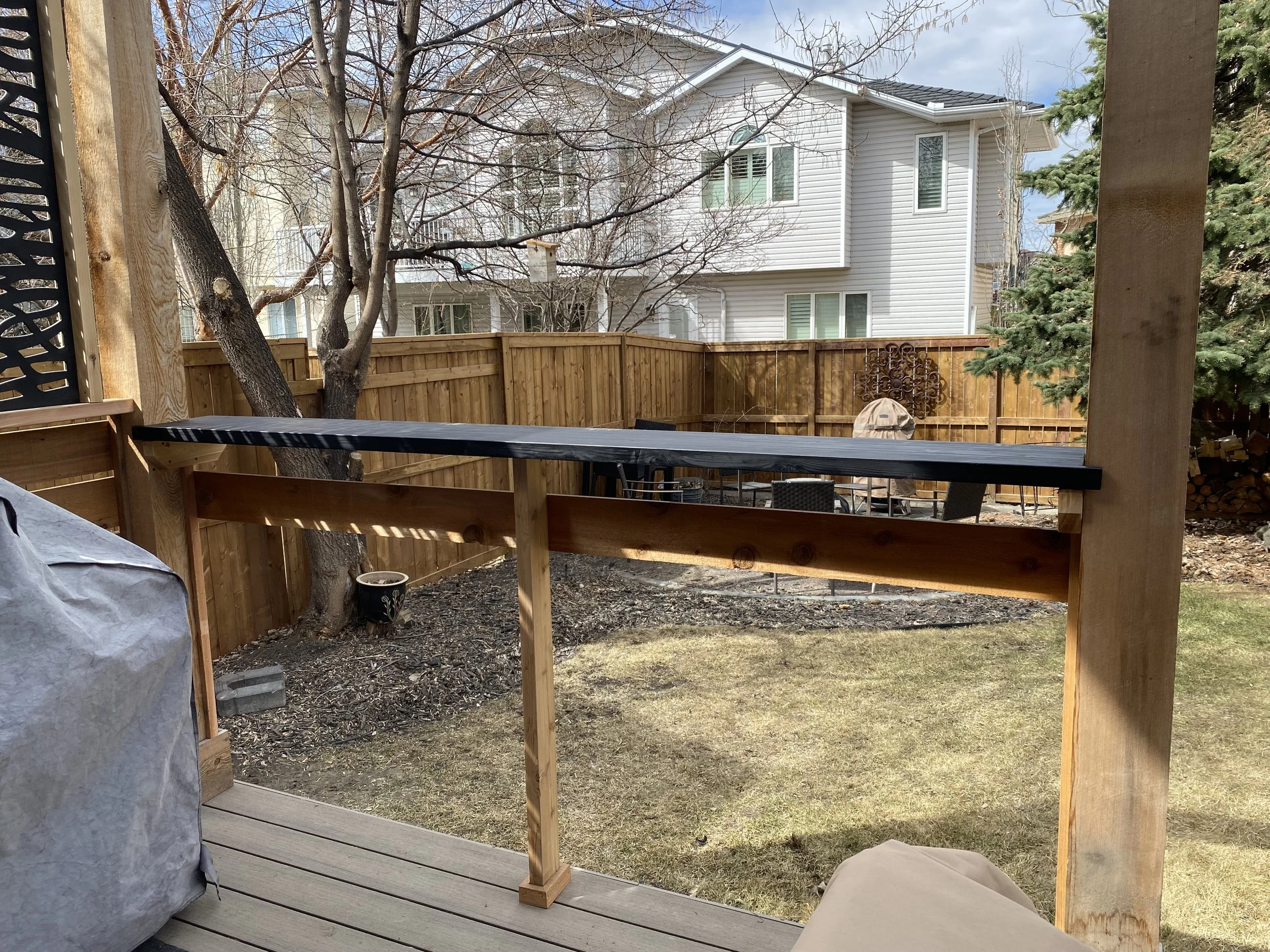 Built cedar and composite privacy screen and built-in counter tops for privacy, security and easy access to back door.