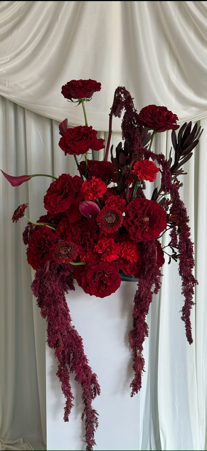 A floral arrangement with red roses, carnations, and dark foliage in a white vase, set against a cream-colored, draped curtain backdrop. All red floral mound for weddings in oklahoma