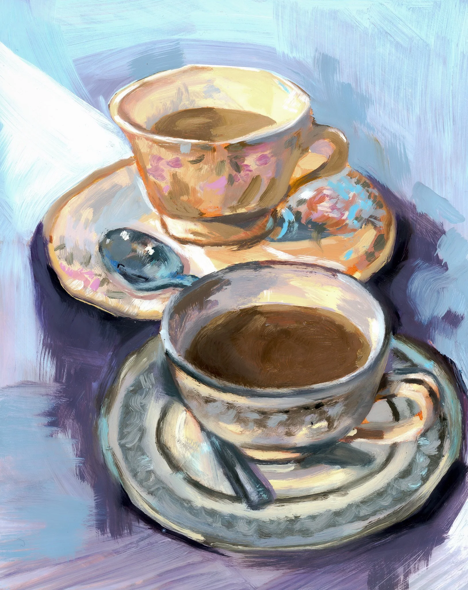 Painting of two teacups filled with dark coffee on saucers, accompanied by a spoon on a saucer, set on a table with a floral plate underneath one of the cups, with a background of light blue and purple hues.
