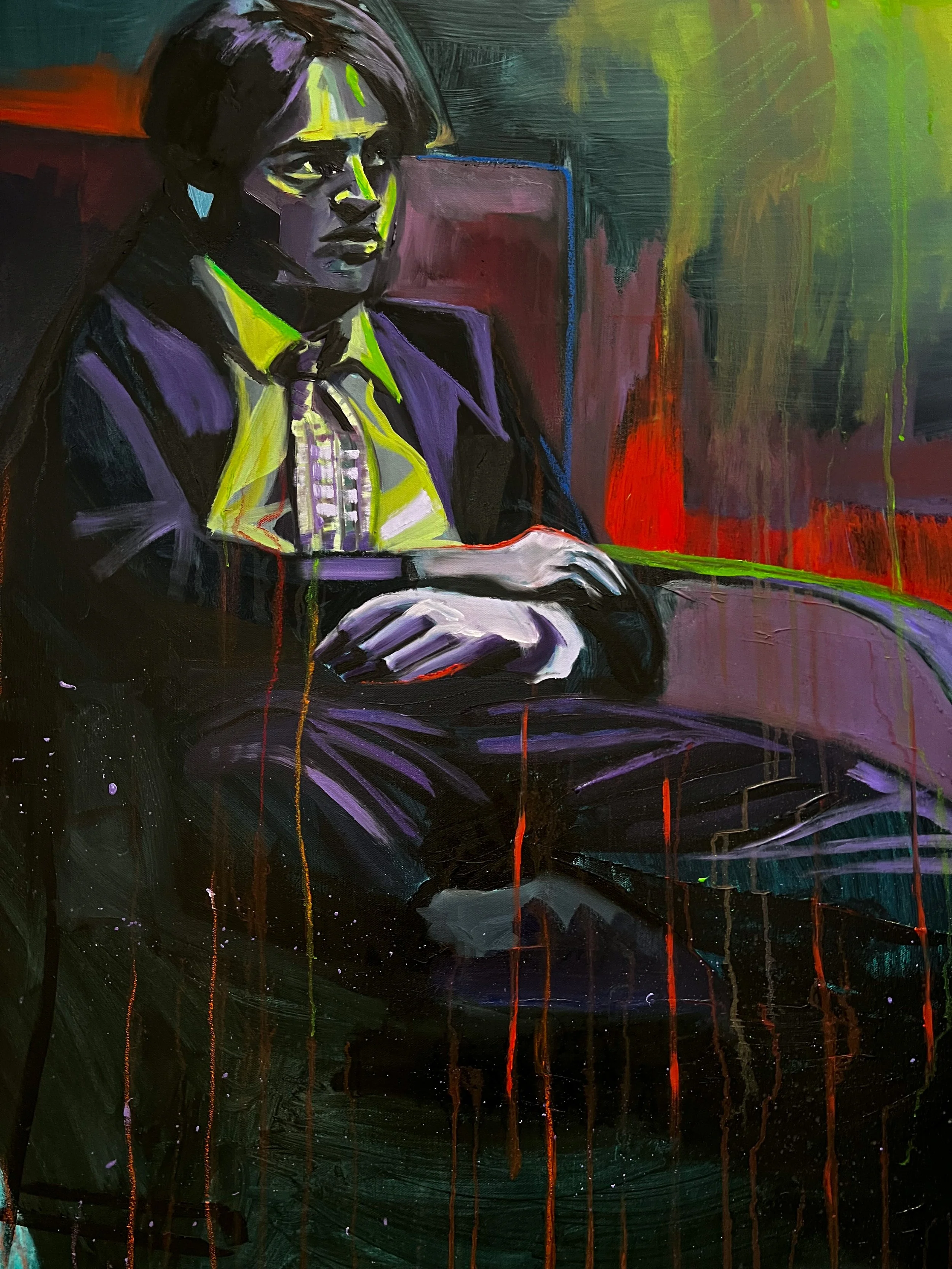 2023 "Raincheck" oil and oil pastel on canvas. 
-Featured in the Finch House 2023 women's art show.