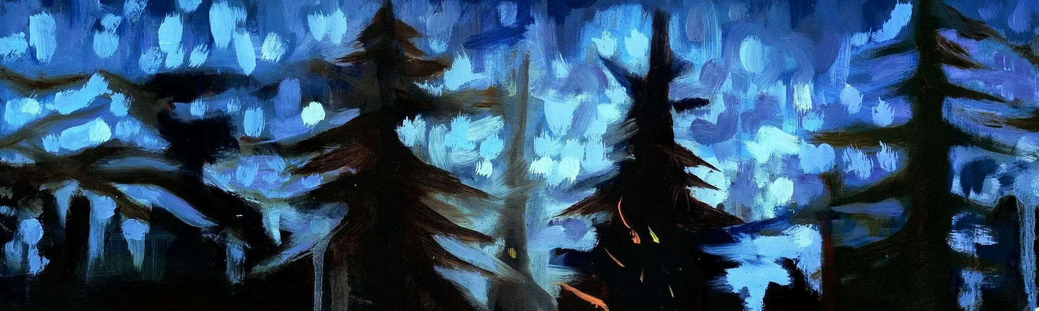 A painting of a forest scene at night with dark green pine trees and a blue and purple moonlit sky.
