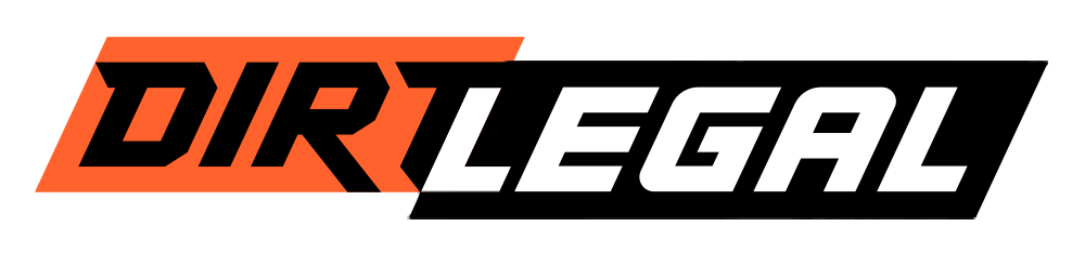 Logo with the words "DIRT LEGAL" in bold black and white text on an orange and black background.