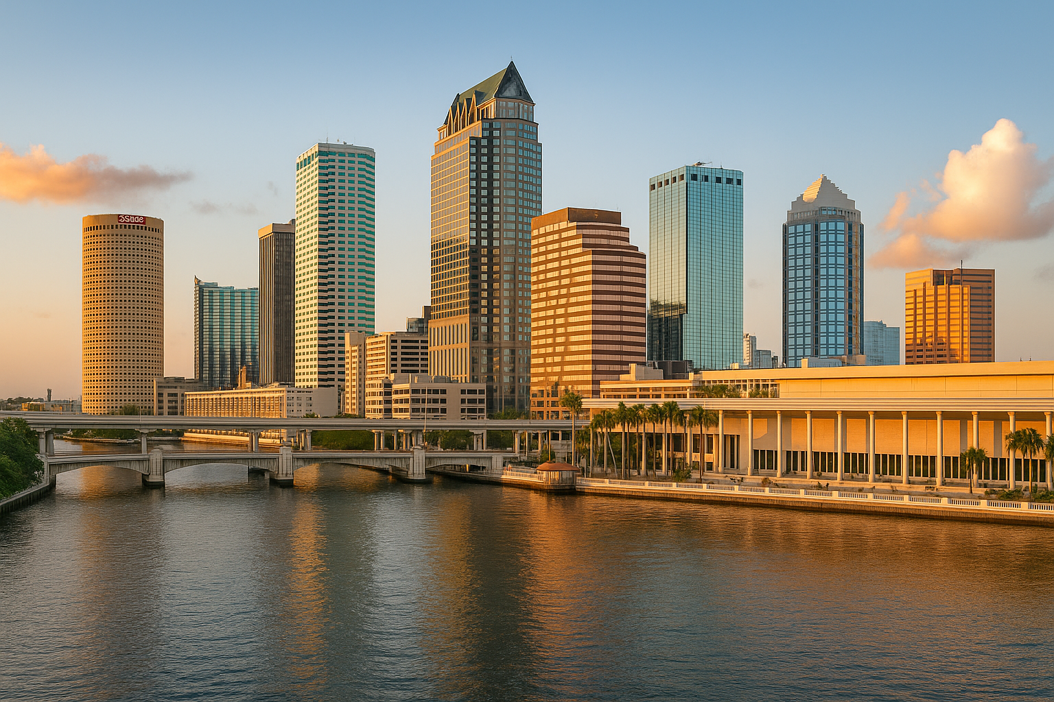 Sunset view of a city skyline with tall modern buildings reflecting on a river, and a bridge crossing the river in the foreground.