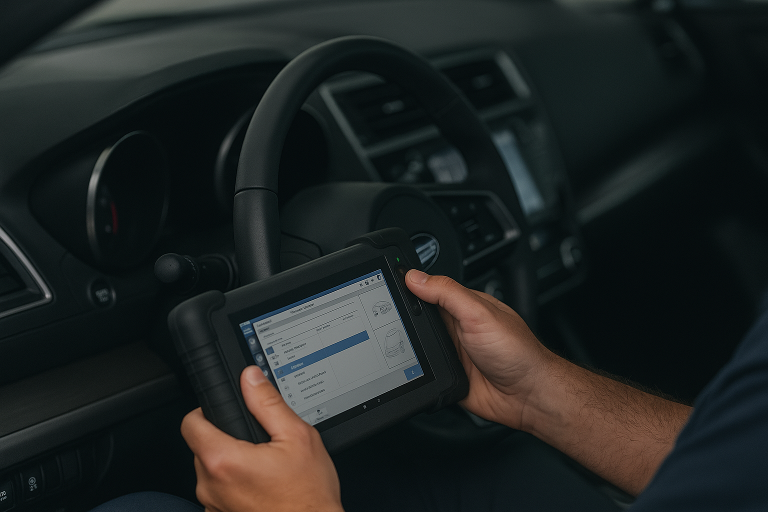 Person using diagnostic scanner inside a vehicle for vehicle diagnostics.