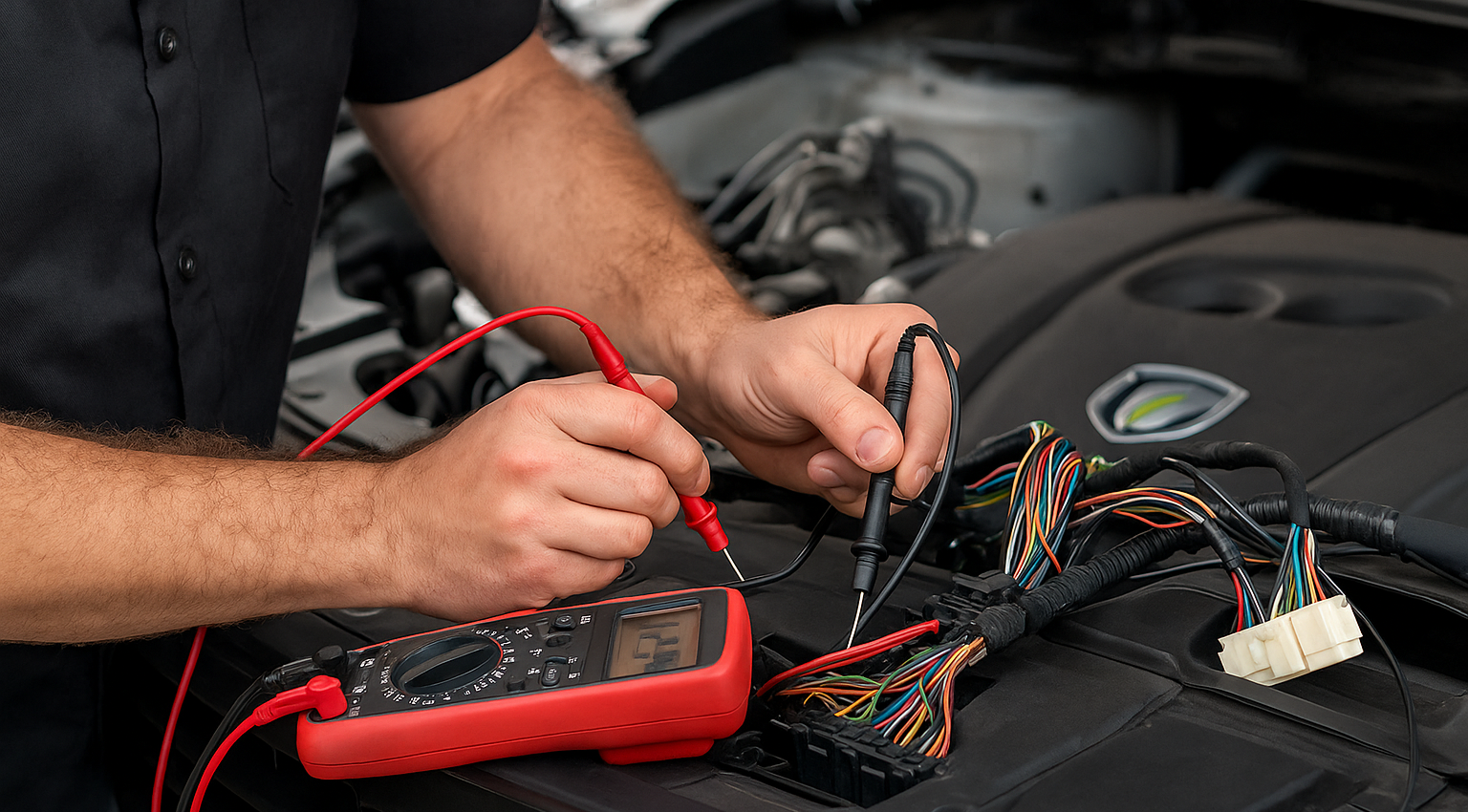 A person using a digital multimeter with red and black probes to test wires inside a car engine bay.