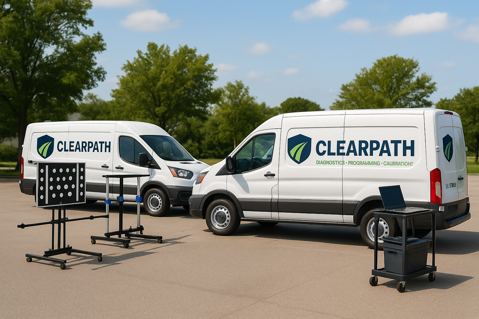 Two white vans with the CLEARPATH logo parked outdoors with testing equipment and a laptop on a rolling table in front of each vehicle, surrounded by trees and a clear sky.