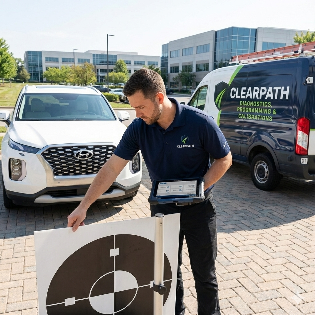 A technician inspecting a parking lot sign with a measurement tool, with a white Hyundai SUV and a BlackClear Path Diagnostics vehicle in the background.