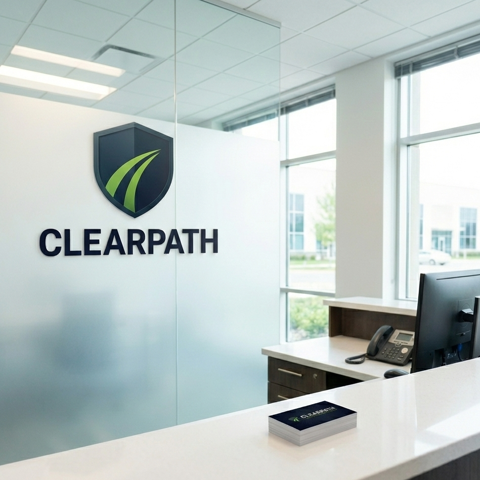 Office reception desk with Clearpath logo on the wall, a stack of business cards, a computer, and a telephone next to windows with natural light.