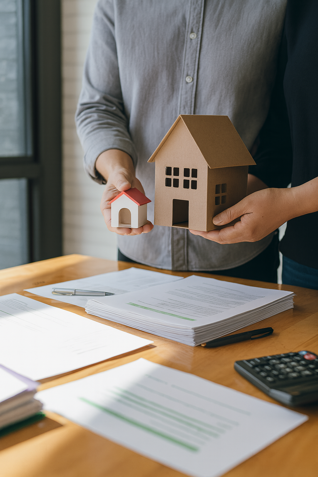 Two people holding model houses, one large and one small, over a desk with documents, a pen, a calculator, and stacks of paper.