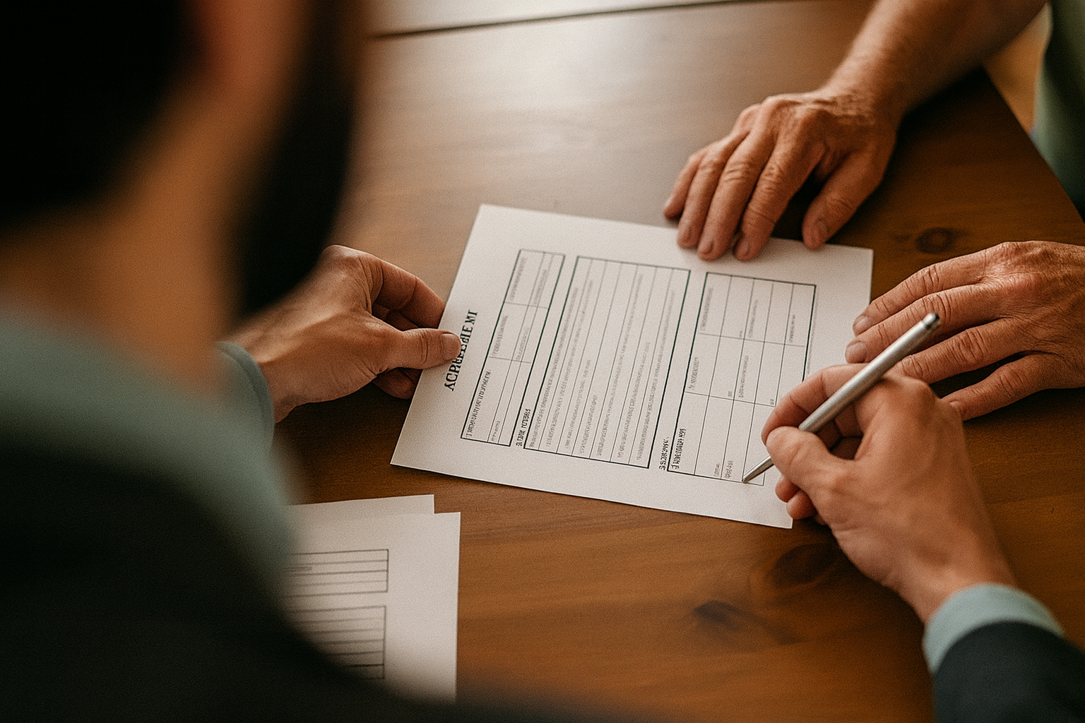 Close-up of a person filling out a form with two other people managing paperwork on a wooden table.