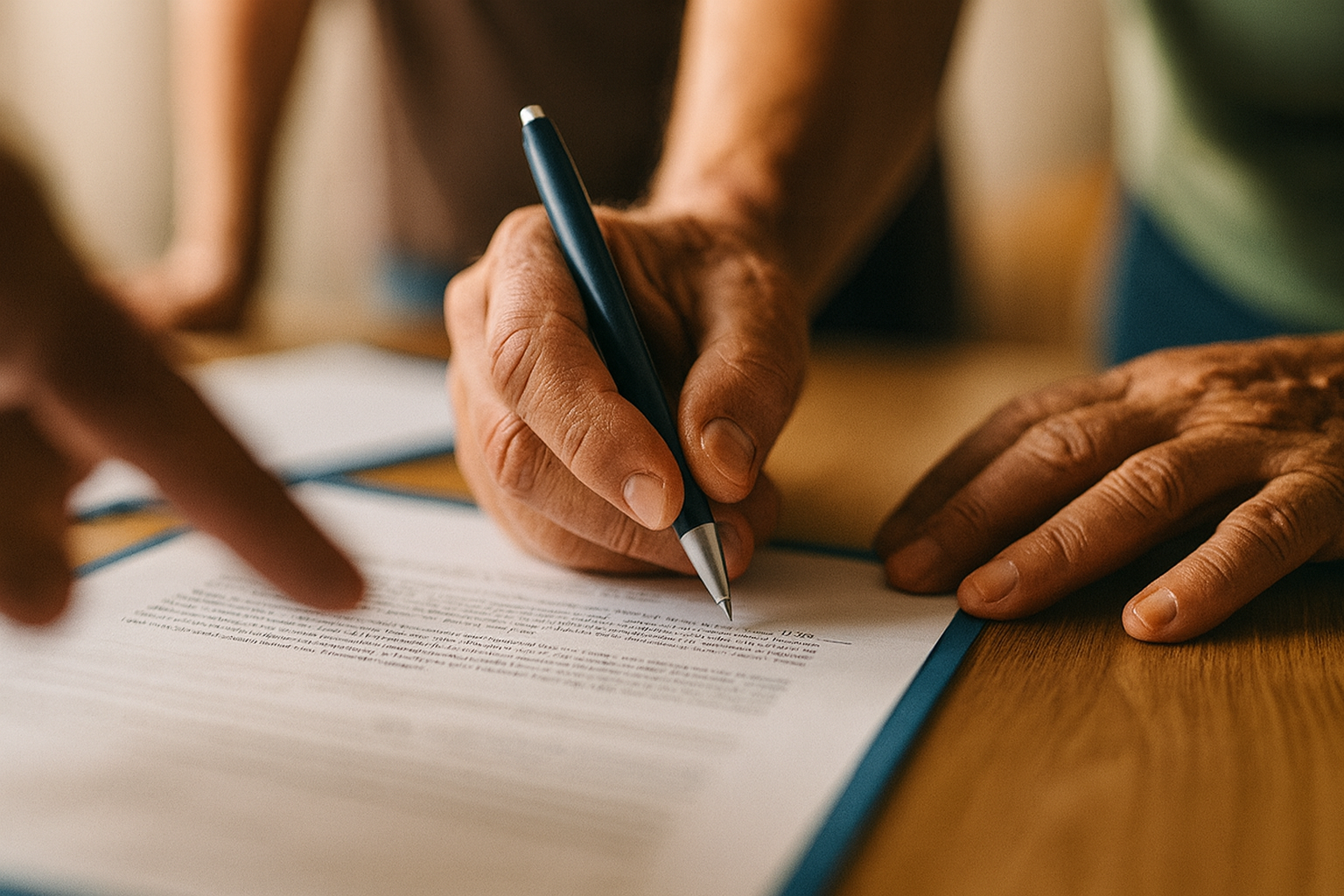 A person is signing a document with a blue pen on a wooden table.