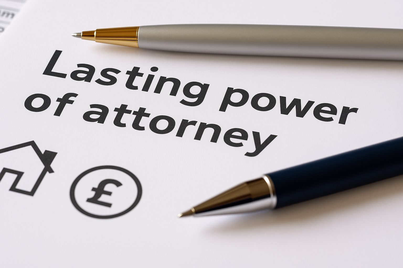 A document with the headline 'Lasting power of attorney' accompanied by icons of a house and a British pound symbol, with two pens placed on the paper.