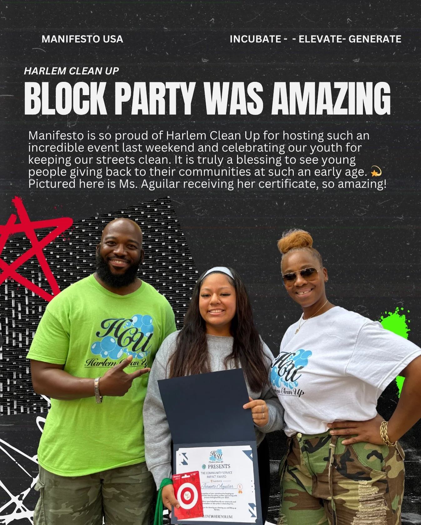 💫 The Harlem Clean Up Block Party was amazing! Manifesto is so proud of Harlem Clean Up for hosting such an incredible event and celebrating our youth for giving back to their communities. 🌍✨ It&rsquo;s such a blessing to see the next generation le