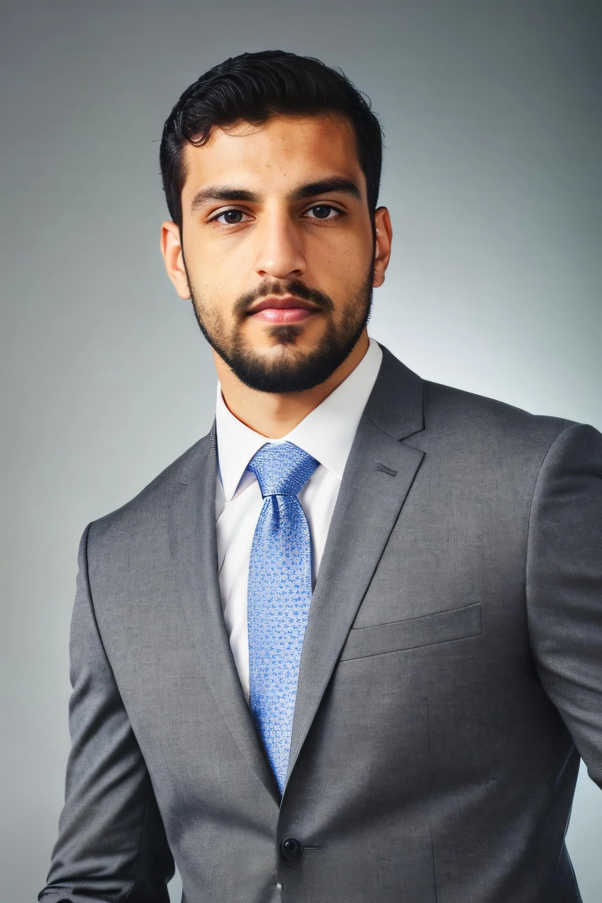 Professional man in gray suit, white shirt, blue tie, with dark hair and beard, posing against a neutral background.