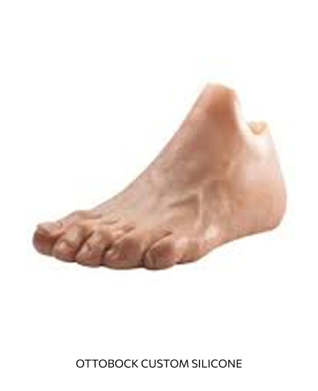 A Vancouver Prosthetics & Orthotics realistic silicone foot model with a high arch and detailed toes, labeled 'Ottobock Custom Silicone'.