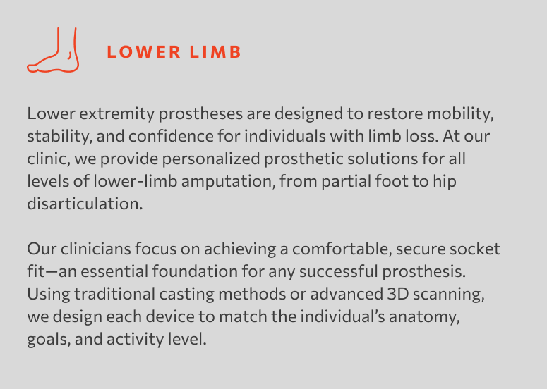 Block indicating information of lower limb with text about prosthetic solutions for limb loss, emphasizing personalized devices and secure fit.