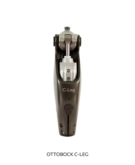 A Vancouver Prosthetics & Orthotics proprietary C-Leg knee prosthetic device by Ottobock, shown from a top view.
